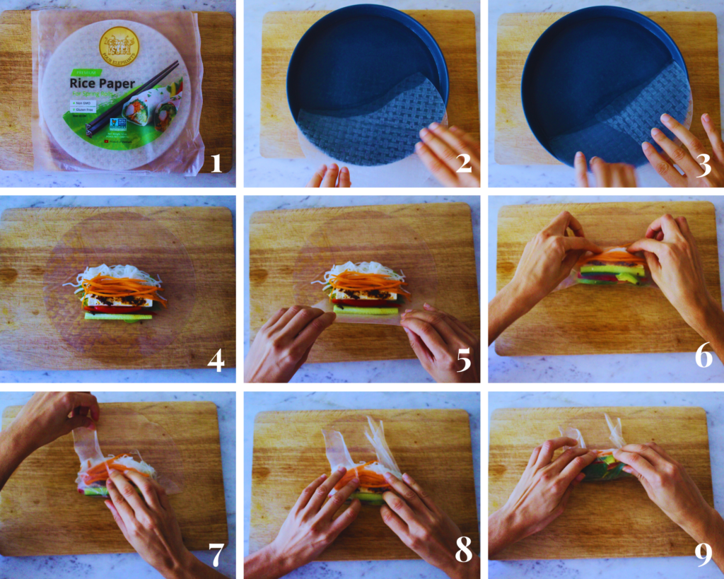 9 grid images of steps to making and rolling rice paper spring rolls
