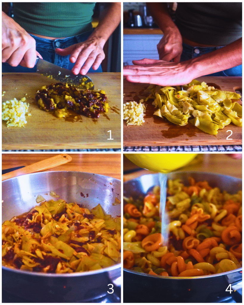 4 grid images showing steps to creating this pasta dish