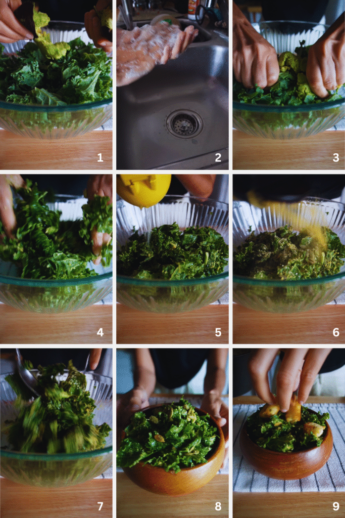 images of 9 steps to making kale salad