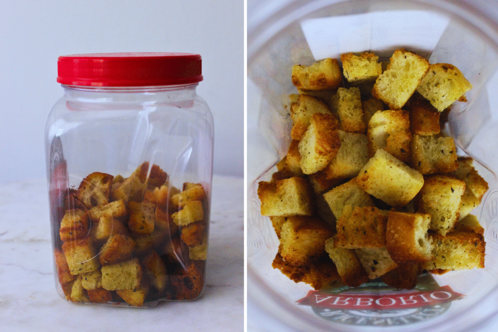 homemade croutons in a container