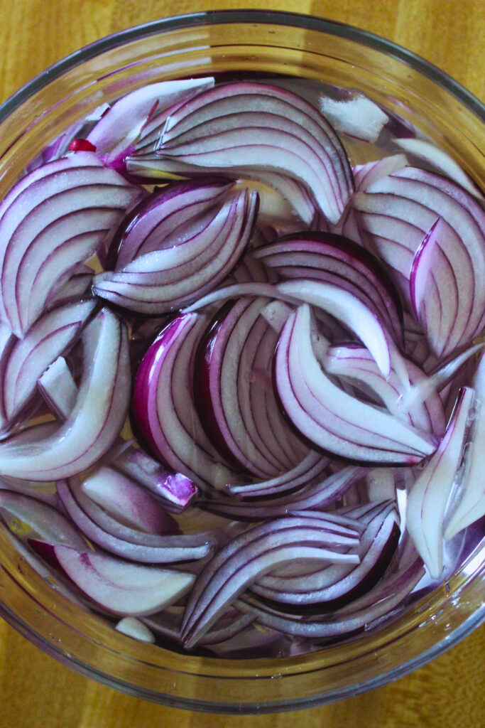 image of sliced red onion in a bowl of water