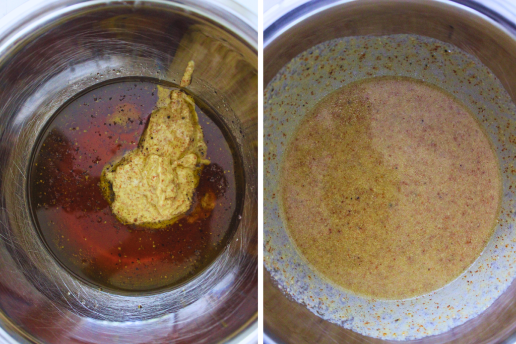 image of french vinaigrette dressing ingredients in one bowl and another image besides it after emulsified 