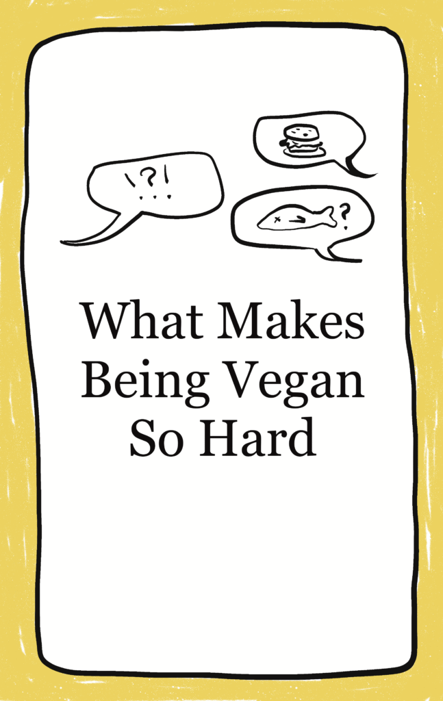 illustrated image of talking bubbles with question marks and exlamations, burgers and a fish. Text under reads "What Makes Being Vegan So Hard"