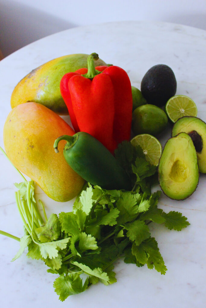 image of fresh ingredients to make mango avocado salsa