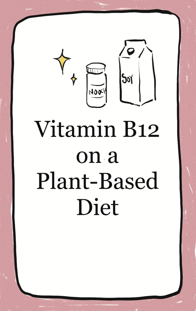 illustrated nutritional yeast bottle and soy milk with two yellow sparkles besides it and text under that reads "Vitamin B12 on a Plant-Based Diet"