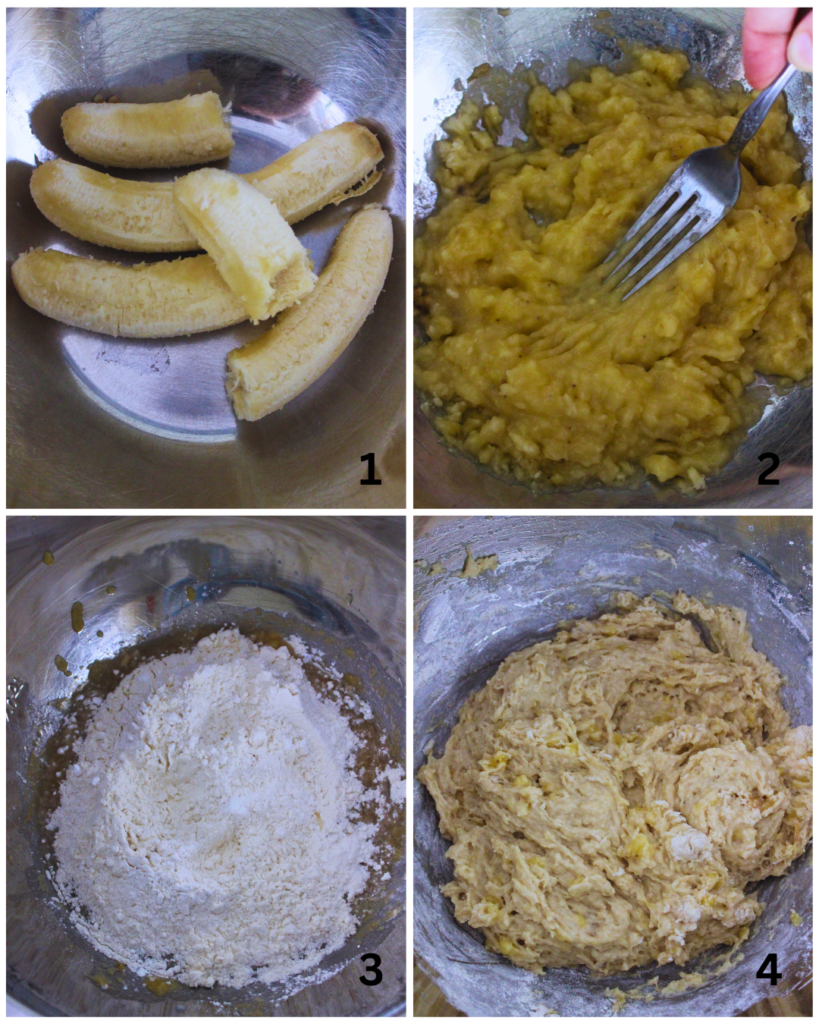 four images of the first steps to make banana bread