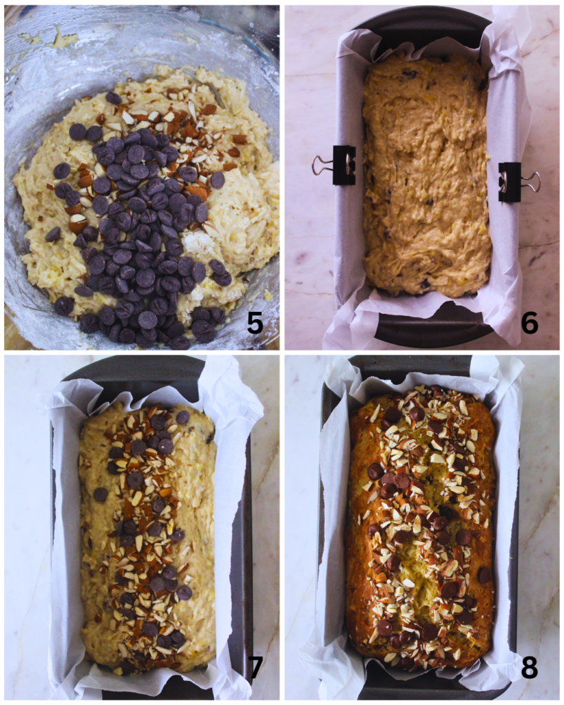 four images of the 5th through 8th steps to make banana bread