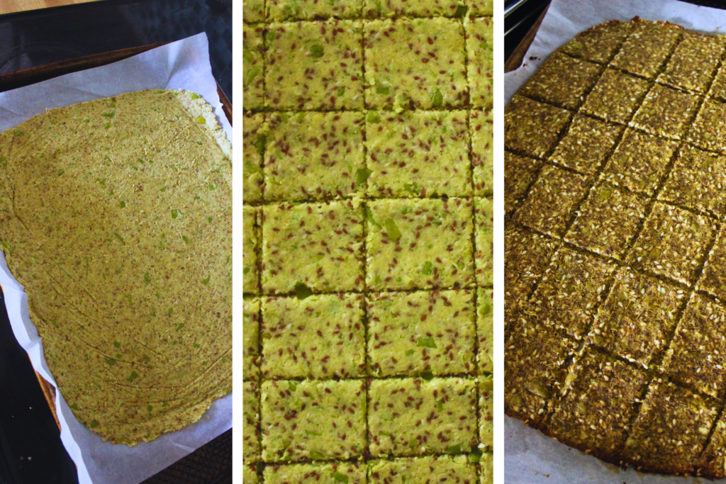 Images of making pulp cracker. Pulp mixture spread over baking sheet, pulp scored with a knife, and pulp crackers after baking.