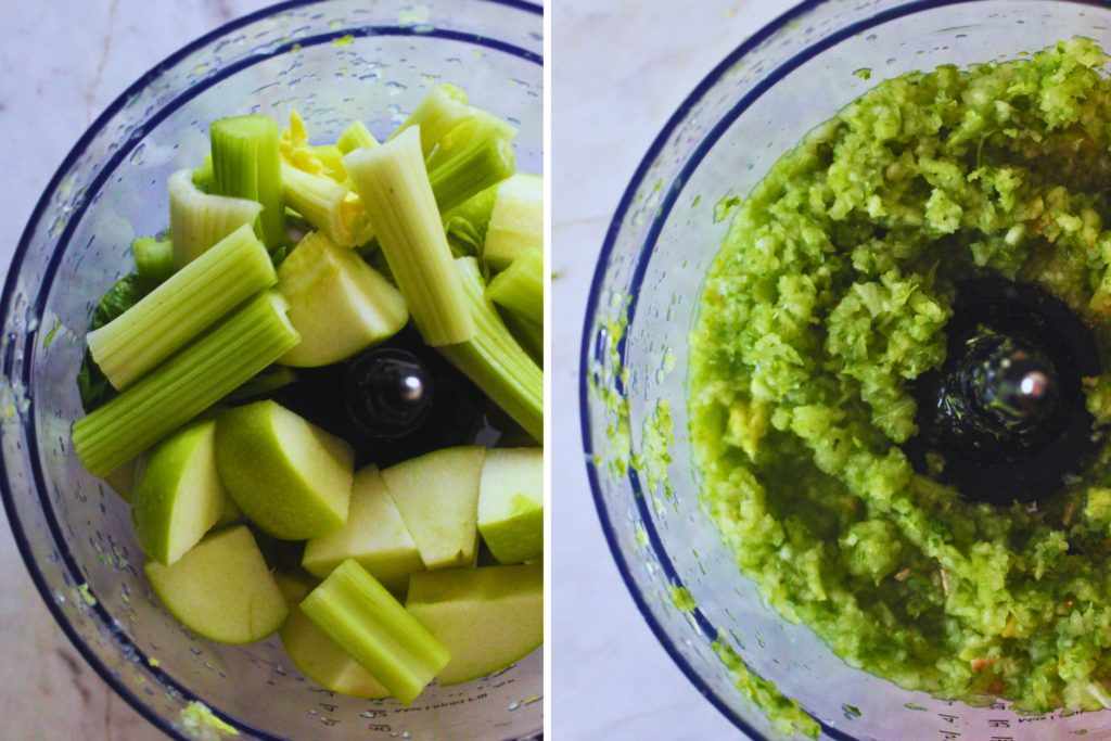 left image of chopped celery and apple in a food processor, right image of celery and apple blended 