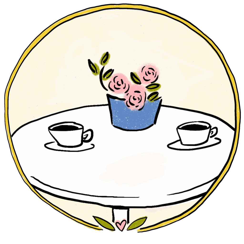 illustrated image of a bistro table with flowers and two cups of coffee