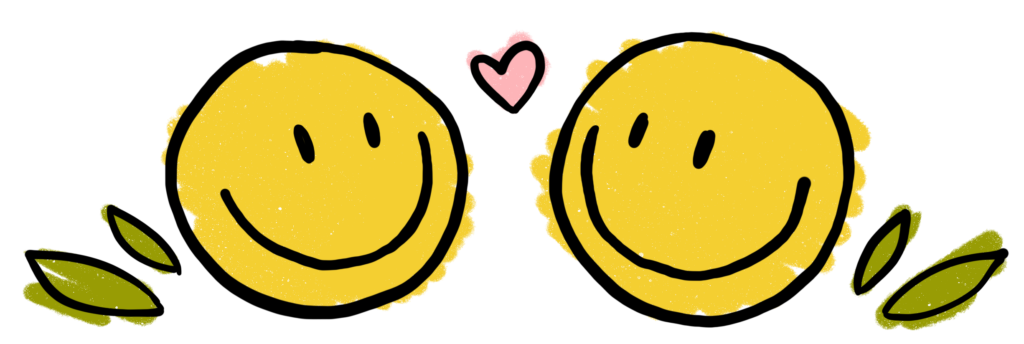 Hand drawn image of two yellow happy faces with a pink heart in the center and two green leaves on each side