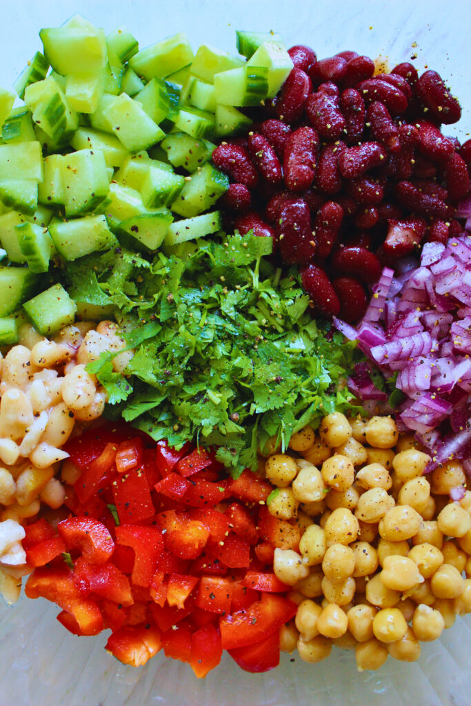 overhead image of all ingredients to make bean salad