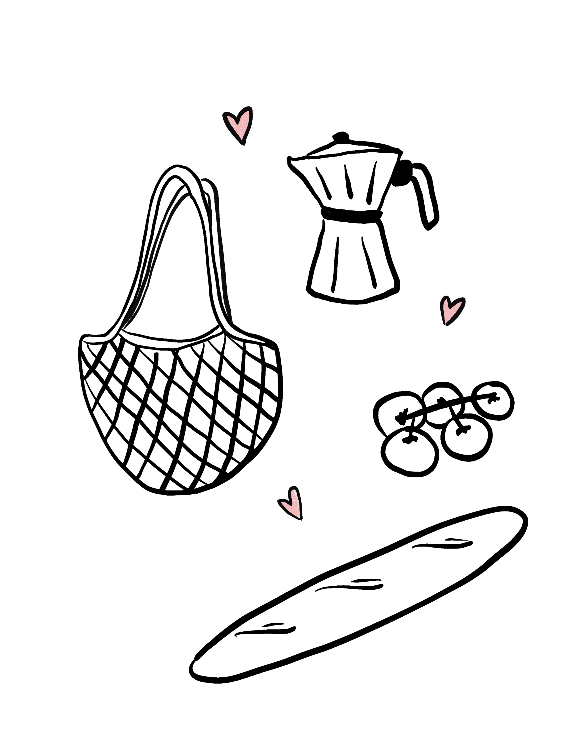 illustration of moca pot, farmers market bag, tomatoes on the vine and a baguette with tiny pink hearts around