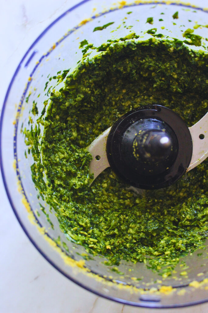 Pesto processed in a food procesor
