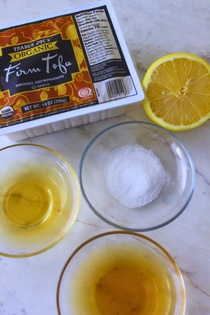 overhead image of ingredients for making tofu feta cheese