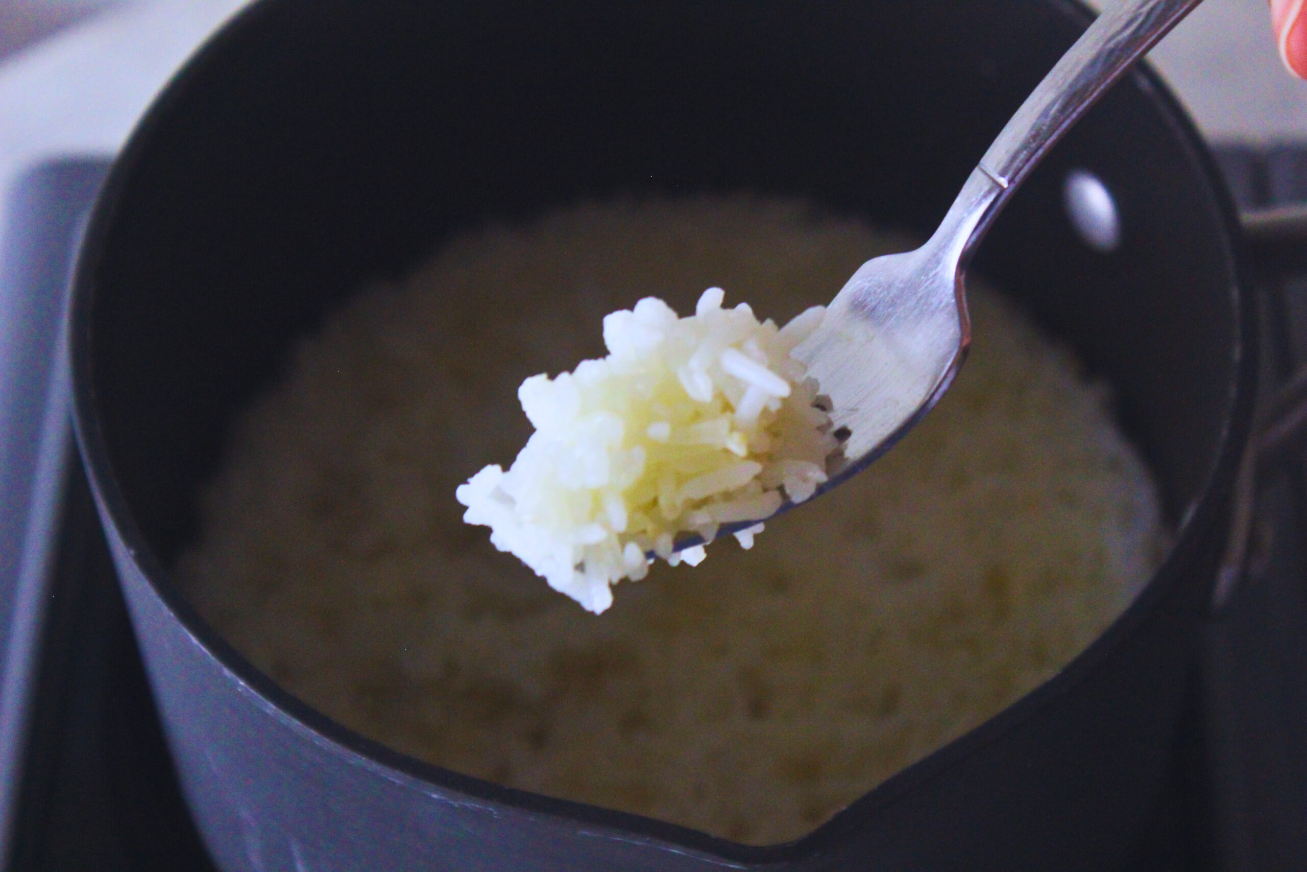 Fork displaying fluffy white rice