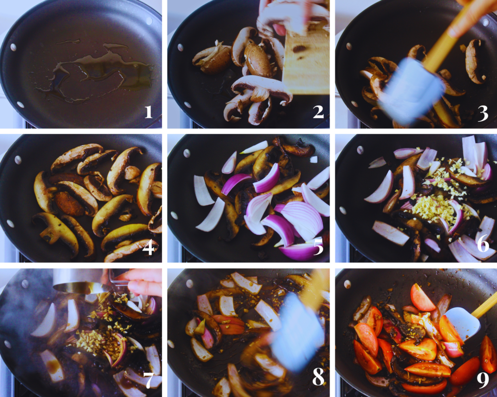 9 images showing steps to cooking mushrooms for "lomo" saltado