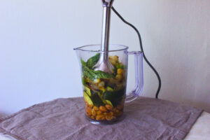 Image: Immersion blender in the ingredients, ready to blend.