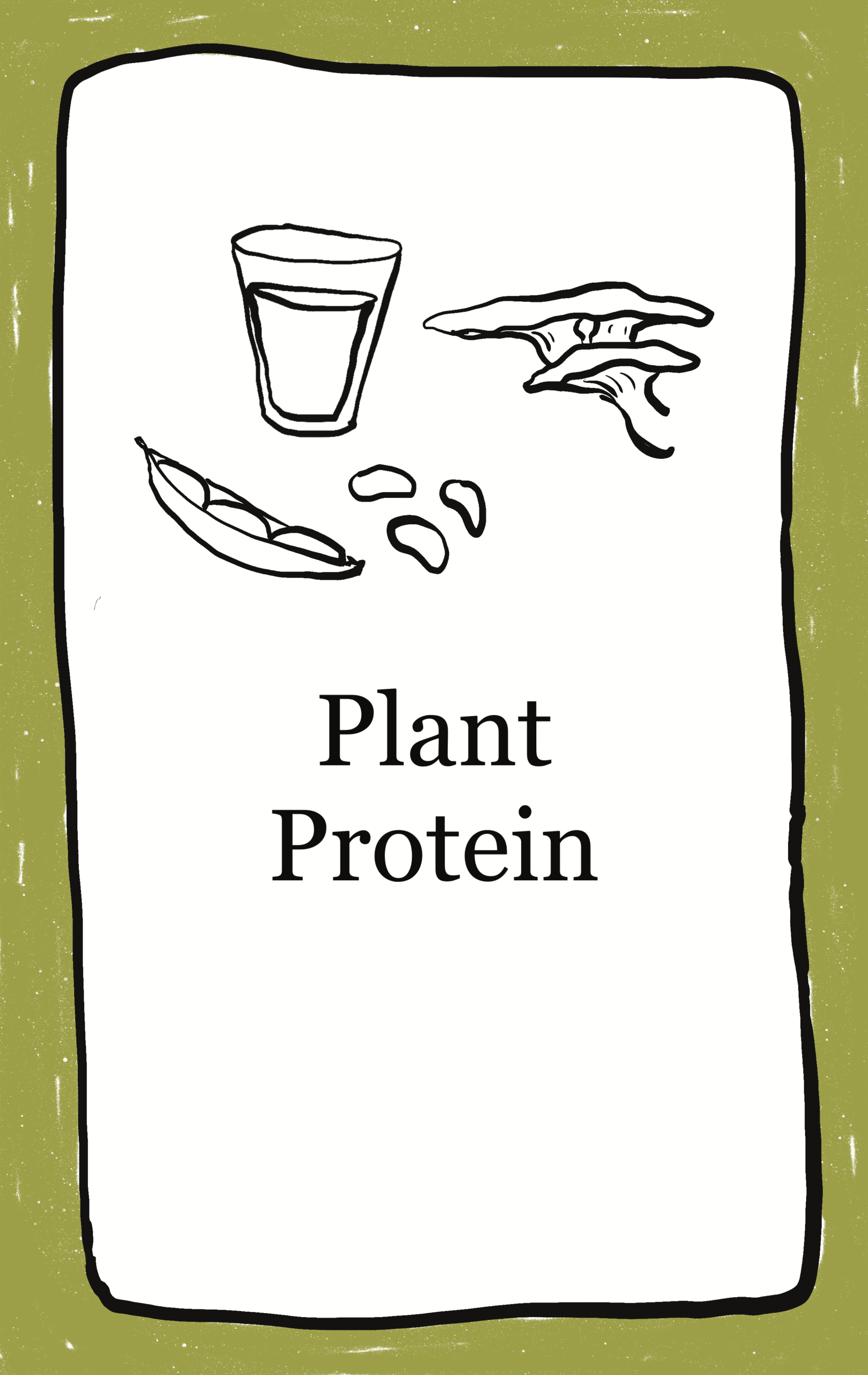 illustrated images of mushrooms, beans, peas in pod, glass of soy milk and text that reads "Plant Protein"