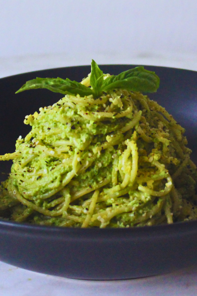 image of pasta with vegan green goddess sauce