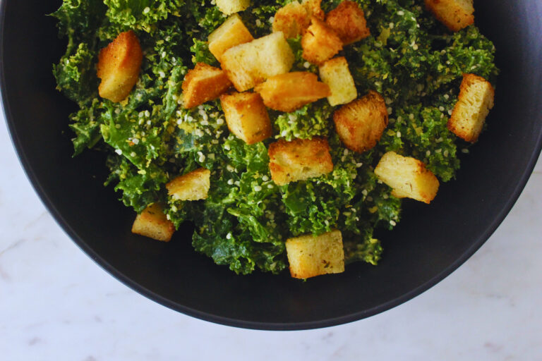 Avocado Massaged Kale Salad with Homemade Croutons