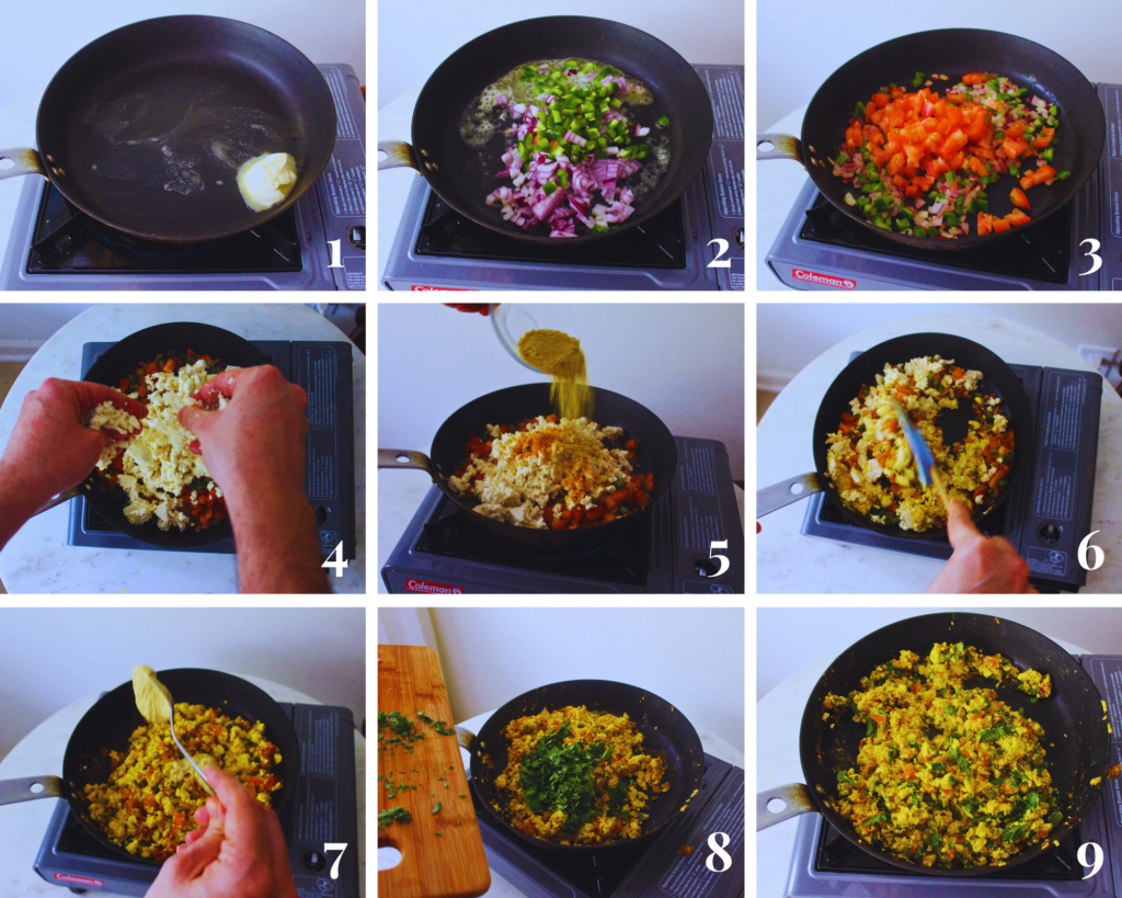 9 grid blocks showing steps to making tofu scramble a la mexicana