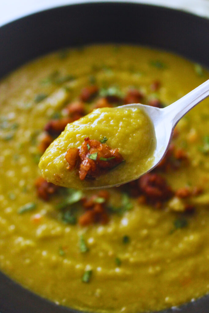 spoonful of split pea sour and tempeh crumble