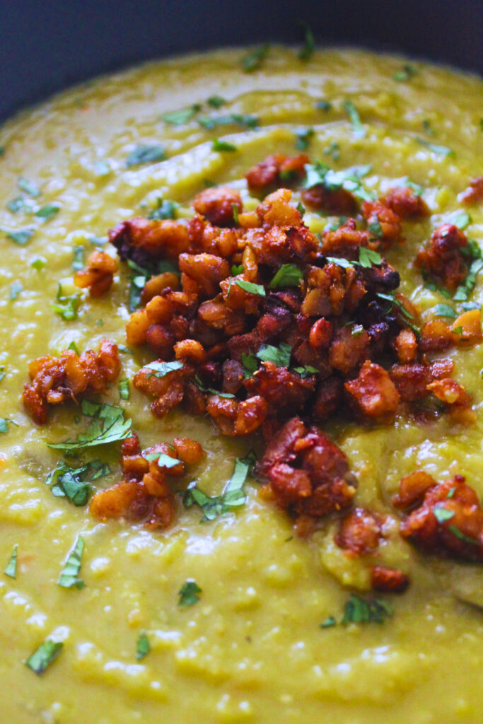 split pea soup topped with smokey tempeh crumble