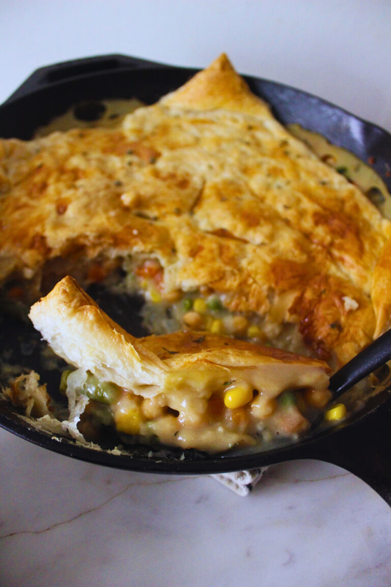Chickpea pot pie in an iron skillet