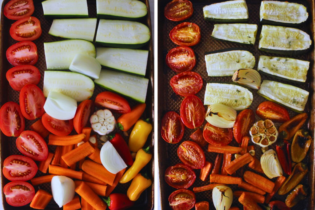 overhead image of baking sheet with chopped veggies before and after baking