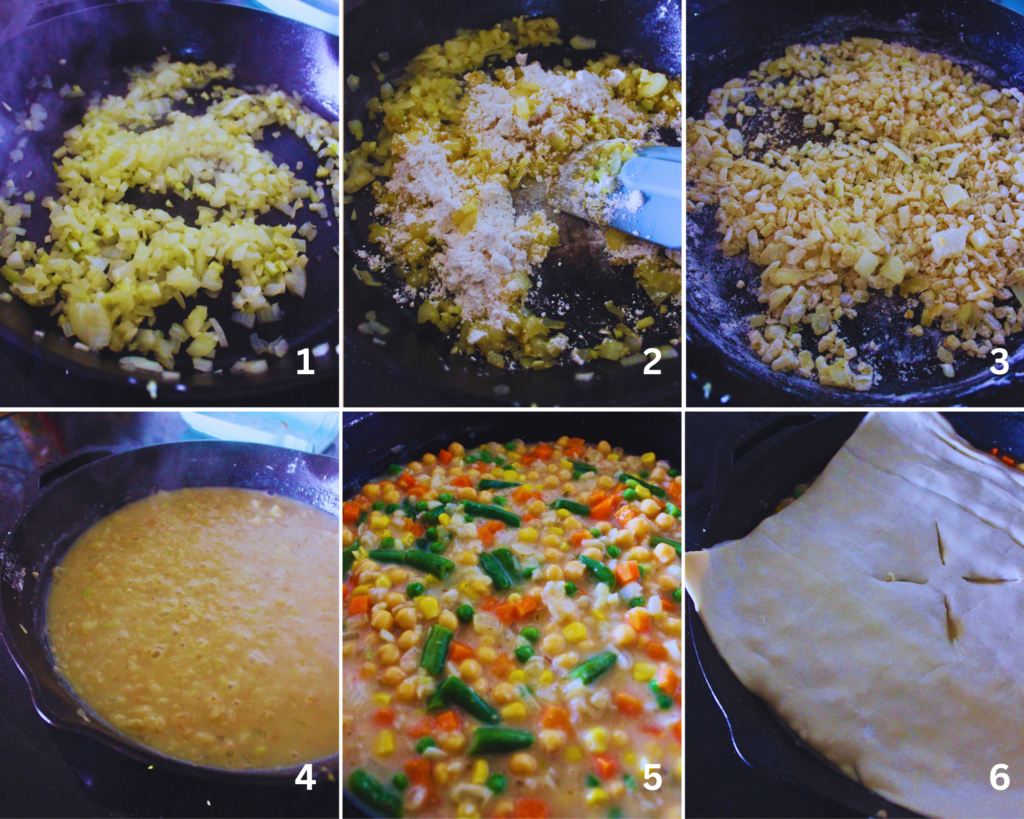 6 steps showing how to make the chickpea pot pie filling