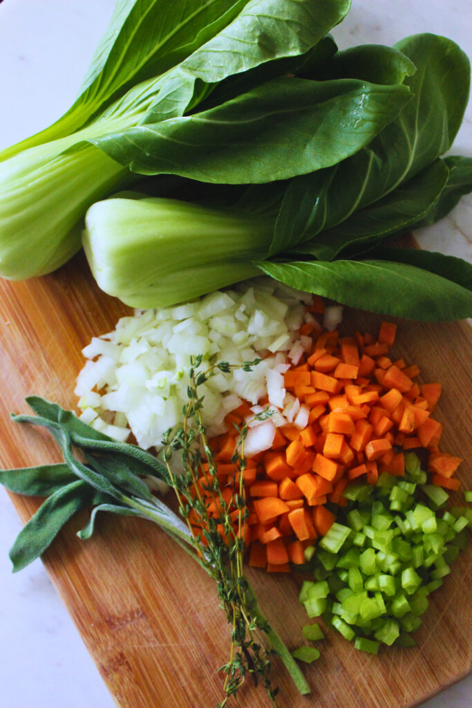 image of ingredients to make brothy white bean soup with bok choy