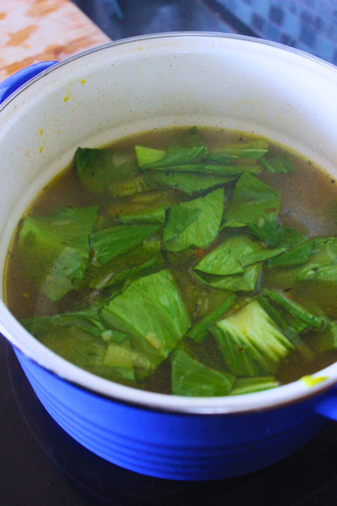 image of white bean and bok choy soup in a pot 