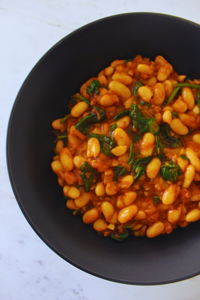 overhead image of white beans and spinach