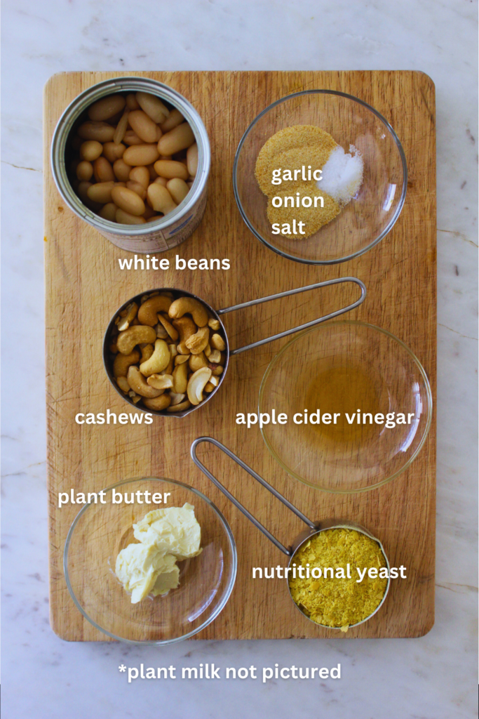 overhead image of ingredients to make cheesy vegan pasta sauce