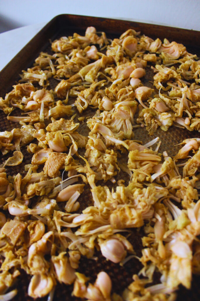 image of shredded jackfruit spread on a baking sheet