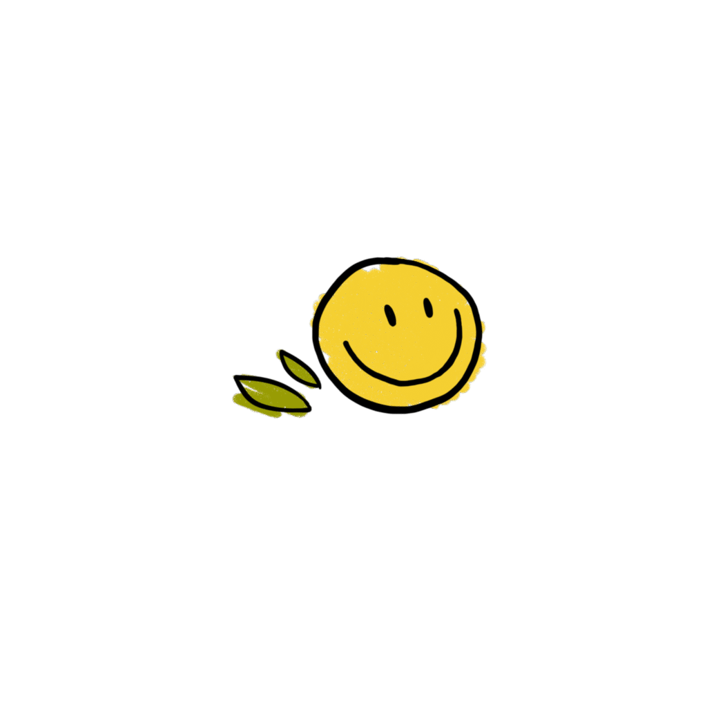 illustrated happy face looking to the right with two green leaves