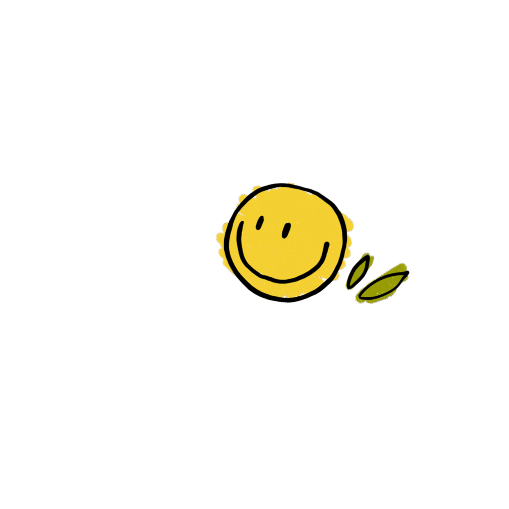 illustrated happy face looking to the left with two green leaves