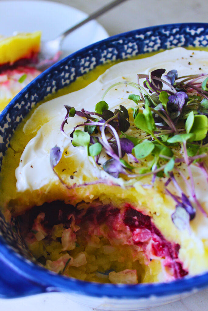 image of Peruvian causa made with potatoes and beets, and heart of palm