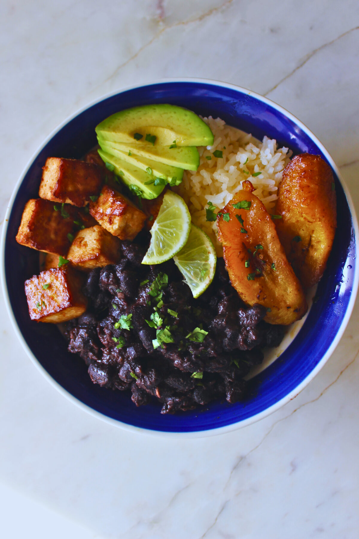 overhead image of cuban black bean bowl with tofu, white rice, sweet plantains, avocado, fresh lime and cilantro.